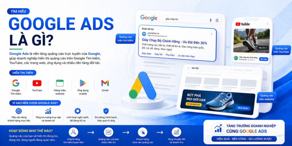 Google ads là gì? Google Ads là nền tảng quảng cáo của Google giúp doanh nghiệp tiếp cận khách hàng tiềm năng, tăng traffic và doanh thu nhanh chóng.